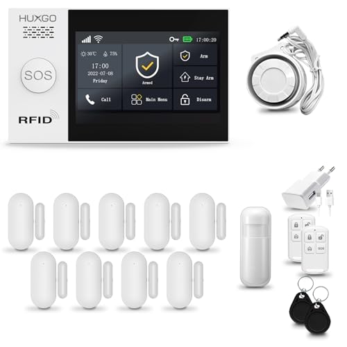 HUXGO® HXA007 Funk Alarmanlage Set WiFi + GSM 4G mit Sirene | Alarm System mit Bewegungsmelder, 9X Tür- Fenstersensor, Fernbedienung | Wohnmobil Alarmanlage | Smart Home Security