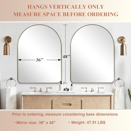 Image of ANDY STAR Arched Mirror, 36 x 48 Inch Brushed Gold Wall Mirror in Stainless Steel Metal Frame, Arch Top Rounded Corner 1 Inch Deep Set Design Wall Mount Hangs Vertical