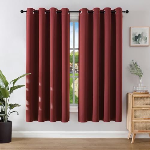 Image of Joydeco Blackout Curtains for Bedroom 52 x 63 Inch, Eyelet Thermal Insulated Energy-saving Drapes for Room Darkening Light Filtering, Short Window Treatments 63 Inch Drop, 2 Panels - Burgundy Red