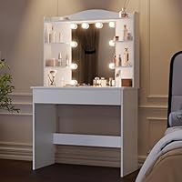 Blisswood White Dressing Table With Led Light & Mirror, Adjustable Brightness & Colour - Make Up Vanity Desk With 1 Large Drawer & Storage Shelves, Modern Make Up Table For Bedroom Furniture