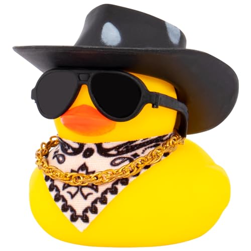 wonuu Car Dashboard Decor Cowboy Hat Rubber Duck, Car Ducks Ornaments with Mini Hat Necklace Sunglasses (Black)