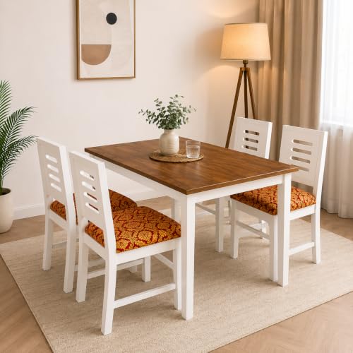 Image of 4 Seater Dining Table Set for Home & Kitchen | Wooden Finish Table with White Frame & Cushioned Chairs | Modern Dining Furniture for Dining Room, Apartment & Small Family
