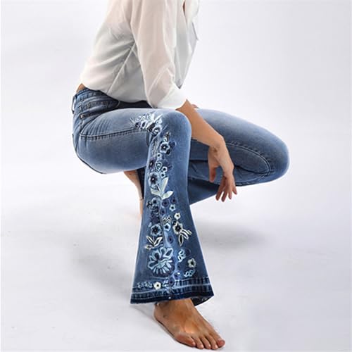 Andongnywell Womens Floral Embroidered Bell Bottom Jeans Chic High-Rise Printed Flare Jeans Long Denim Pants2
