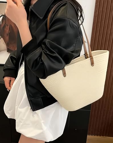 Tote Bag for Seaside Vacation,Lightweight Large Capacity Woven Bag for Women,Leather Handles, Summer Beach (Shoulder,Handbag) ﻿2