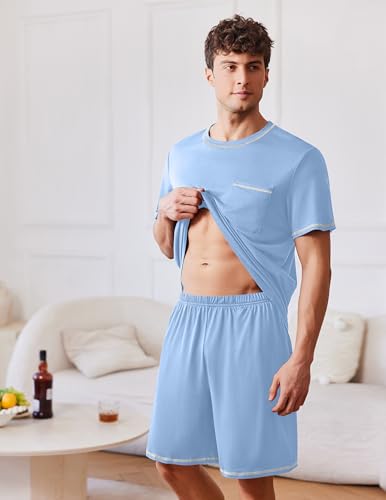 Image of Ekouaer Men's Pajamas Set Casual Short Sleeve Shirts and Shorts Soft 2 Piece Loungewear With Pockets