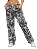 KGYA Unisex Camo Cargo Pants, Multi Pockets Raw Edge Oversized Straight Zipper Wide Legs Streetwear for Men and Women Hip Hop Style, S(28W)