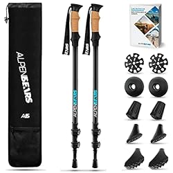 Alpen Bears Bastones Trekking | Palos de Senderismo | Bastones Senderismo Carbono | Ajustables hasta 135 cm + Set de Puntas de Goma Bastones de Marcha Nórdica para Mujeres y Hombres