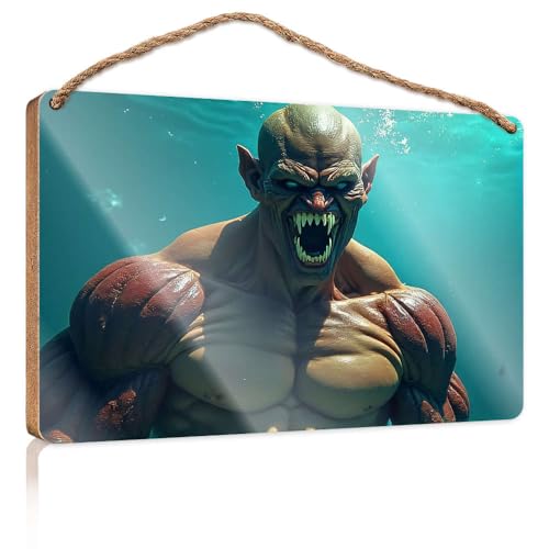 Letrero decorativo para el baño, una criatura musculosa de piel verde con dientes afilados está emergiendo del agua, letrero de madera para puerta, decoración divertida para el baño (20 x 30 cm)