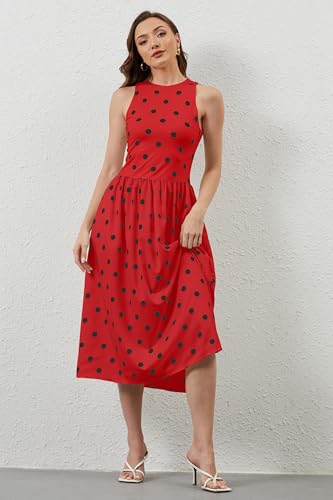 Image of TERIVEEK Women Summer Polka Dots Sleeveless Midi Dress Casual High Neck Patchwork Tank Sundress Boho Flowy Dress with Pockets