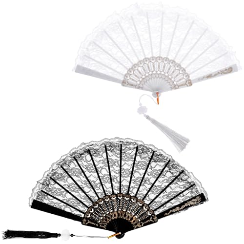 2 Pcs Foldable Lace Fan Handheld Chinese Folding Fan Embroidered Flower Hand Fans Vintage Style Fan with White Lotus Tassel Floral Folding Hand Fan for Party Wedding Dancing Decoration (Black, White)