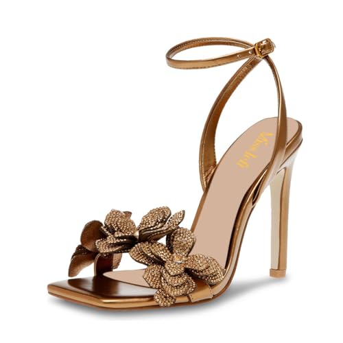 miss left Women Rhinestones Stiletto Heel Sandals with Strap Buckle Flower Embellished Open Square Toe High Heel Pumps Chic Wedding Event Dress Shoes Size 4-16 US