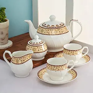 Clay Craft Fine Ceramic Tea Set of 15 (1 Tea Pot with Lid +6 Cups+6 Saucers +1 Milk Pot + 1 Sugar Pot) Can be Gifted to Any Ocassion to Your Loved Ones (Design 3 - Classic)