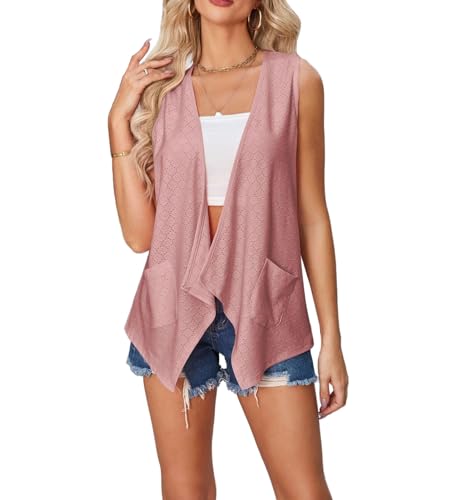 Image of jinghuiyue Women's Lightweight Cardigan Summer Hollow Out Sleeveless Cardigan High Low Hem Draped Open Front Vest with Pocket