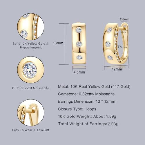 10K Solid Gold Moissanite Huggie Earrings, 0.7ct-1.2ct Brilliant Round Cut Imitation Diamond Hoop Earrings 10K Yellow Gold Huggie Earring for Women Men, Hoops Engagement Wedding Jewelry Gifts2