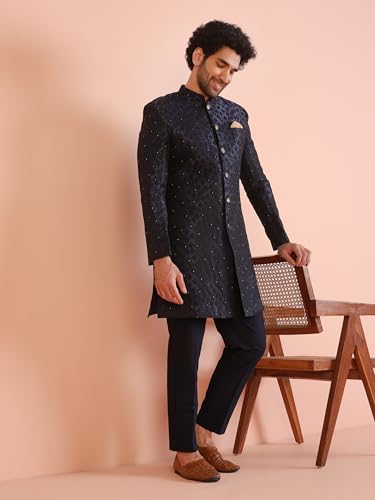 Kisah Men's Sherwani Trouser Set, Indo-Western Blue Jacquard, Woven Design Regular Fit Mandarin Collar Long Sleeves (38)