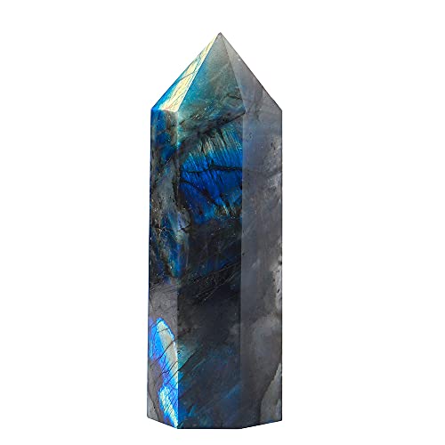 Runyangshi Large Labradorite Healing Crystal Wand 4.72-5.12 Crystal Tower 6 Faceted Single Point Crystal Prism Wand Natural Quartz Stones for Meditation Reiki Chakra Therapy Home Decor Gift