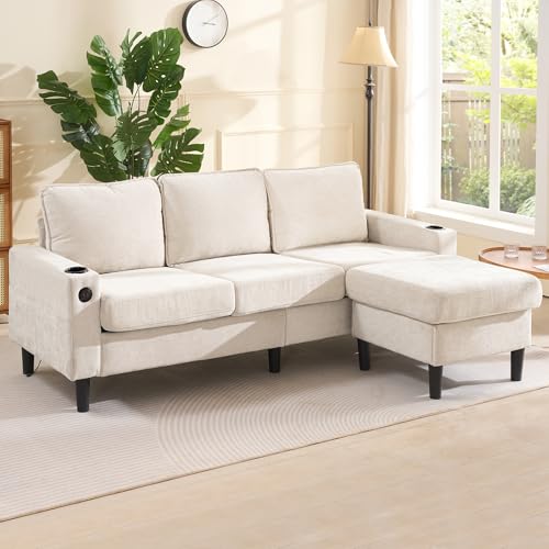 Arhatreya 3 Sitzer Sofa Gästesofa Modern Couch mit USB- und Typ-C-Anschlüssen, 3er Sitzsofa mit Zwei Getränkehaltern, L-förmiges Schlafsofa für Erwachsene, Schlafzimmer, Wohnung, Beige – Bild 4