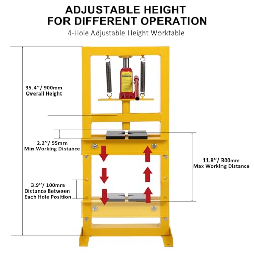 Hydraulic Press 6 Ton Hydraulic Shop Press, H-Frame Garage Floor Benchtop Press Adjustable Shop Press with Plates, Adjustable Working Table Height, for Gears and Bearings, Yellow