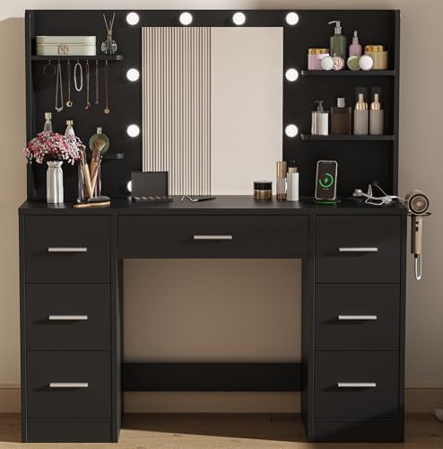 VFU Coiffeuse avec Miroir, 10 Boules Lumineuses LED, Luminosité Réglable, 3 Couleurs d’Éclairage, Table de Maquillage avec Multiprise Multifonction, 7 Tiroirs à Glissières Métalliques, Noir