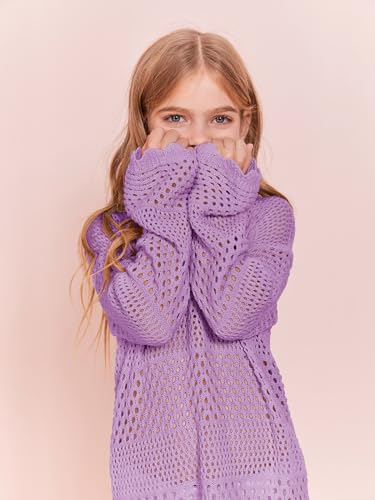 Image of Batermoon Girls Crochet Long Sleeve Swimsuit Cover Up Kids Fashion Hollow Out Swimwear Beach Dress 5-14 Years
