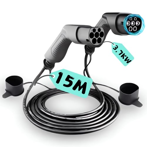 Loady Ladekabel Typ 2 3,7 kW | 15 Meter | 11 kW | 1 Phasen 16A | Extra langes Kabel für Auto EV/PHEV - Ladekabel für Elektrofahrzeuge Typ 2 Mennekes 1-Phasig - EV-Schnellladekabel - IP67