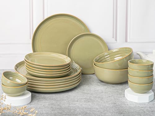 Image of Bodhi House Handcrafted Chip Resistance Porcelain Dinner Set, 20 Pieces Dish Set Serving for 6, Microwave and Dishwasher Safe, Bone-ash Free, Crockery Set for Dining and Gifting, Olive Green
