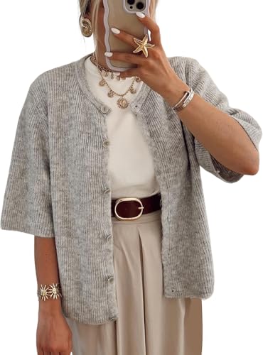 Arssm Women's Knitted Crop Cardigan Y2k Short Sleeve Button Down Cardigan Shirt Ribbed Knit Solid Color Lightweight Outwear