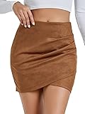 Rooscier Women's Suede Ruched Wrap High Waist Bodycon Zipper Back Mini Skirts Khaki Medium