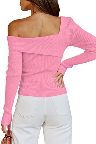 Image of LILLUSORY Womens Off the Shoulder Sweaters Going Out Fall Top | Flattering Ribbed Knit Bodycon Pullover for Date Night,Chic Asymmetric Neckline,Stretchy Holiday Party Clubwear Clothes