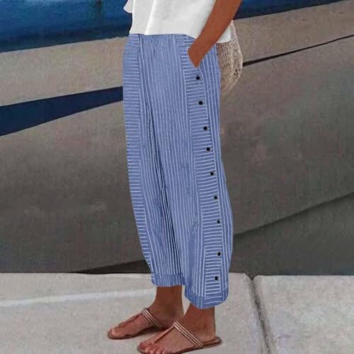 Casual Pants for Women Side Button Cotton Linen Pants Trendy Elastic Waist Straight Leg Trousers with Pocket 20252