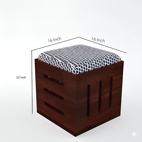 Image of Loonart Solid Sheesham Wood Coffee Table With Four Cushioned Stools | Idel For Living Room | Cafe | Restaurant | Space Saving Indoor Table Set | Finish Color - Mahogany Finish | White & Blue Cushion |