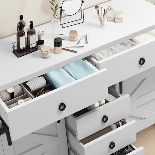 YITAHOME DWVO 54" Farmhouse Dresser for Bedroom, Large Modern Chest of Drawers, Wood Rustic Dresser TV Stand with 5 Drawers & 2 Sliding Barn Doors for Living Dining Room, Entryway, Hallway, White