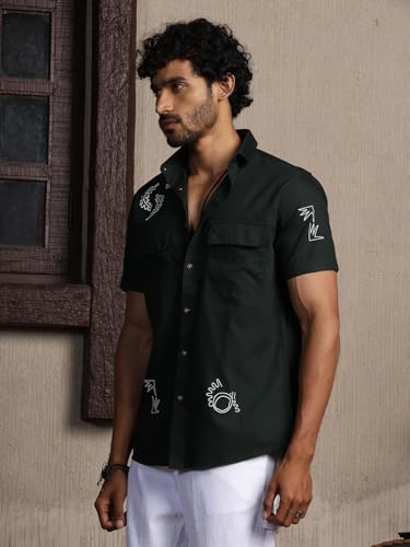 Image of Thomas Scott Men's | Embroidered Printed | Half Sleeve | Regular Fit | 100% Cotton | Double Pocket | Spread Collar | Casual Shirt