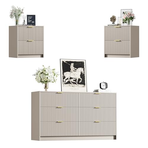 Image of Furniway 3 Piece Bedroom Set, 6 Drawer Dresser and Nightstand Set of 2 with Gold Handles, Modern Wood Chest of Drawers Storage Cabinet for Bedroom, Beige