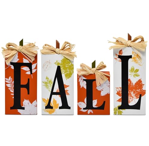 Gift Boutique Thanksgiving Fall Table Block Set of 4 Autumn Wooden Signs Blocks for Tiered Tray Tabletop Centerpieces Mantle & Home Office Decorations