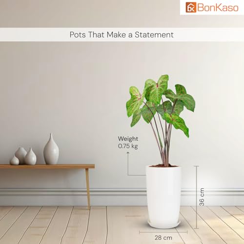 Image of BonKaso 14 inch Light Grey Flower Pot - Tall, Durable & Lightweight Polymer Tower Planter for Indoor & Outdoor Use: Home, Office, Garden & Balcony (Gamla /Gamale)