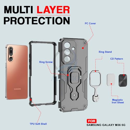Image of AESTMO Armor Back Cover for Samsung Galaxy M36 5G / F36 5G | Ring Holder & Kickstand & Camera Protection in-Built | 360 Degree Protection Back Case Cover (Black)