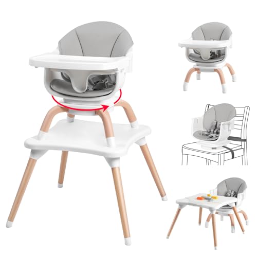 Image of Komcot Baby High Chair, 7 in 1 Convertible High Chairs for Babies and Toddlers, Kids Learning Table, Building Block Table, Toddler Dining Chair with 360° Rotating Seat, 5-Point Safety Harness (Grey)