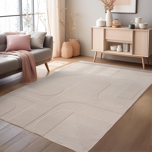 HomebyHome Boho Teppich 120 x 170 cm Creme – Weicher Skandinavischer Kurzflor mit 3D-Effekt – Waschbar & Pflegeleicht – Deko Teppich für Wohnzimmer, Schlafzimmer oder Jugendzimmer