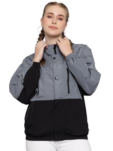 Image of CHKOKKO Womens Stylish Oversized Windcheater Jacket with Zip Closure Lightweight Sportswear for Running Travel Hiking Outdoor and Rainy Season Wear GreyBlack 3XL
