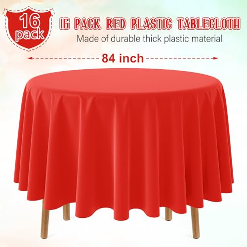 Image of Ragnhild 16 Pack Red Plastic Tablecloth for Round Tables, Premium Decorative Red Disposable Table Cloths for Parties, Bulk Round Party Table Cover for Birthday Wedding Anniversary Graduation, 84 Inch