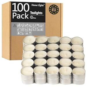 HomeLights Unscented White Tealight Candles -100 Pack, 6 to 7 Hour Burn Time Smokeless Tea Light Candles, Mini Votive Paraffin Candles with Cotton Wicks for Shabbat, Weddings, Christmas, Home Decor