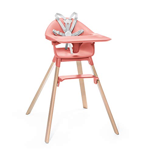 Image of Stokke Clikk High Chair, Sunny Coral - All-in-One High Chair with Tray + Harness - Light, Durable & Travel Friendly - Ergonomic with Adjustable Features - Best for 6-36 Months or Up to 33 lbs