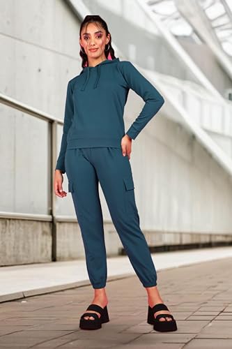Image of POPWINGS Casual Self Design Solid Sweatshirt and Joggers Co-Ords Set for Women | Trendy Stylish Top and Bottom Set for Women | Women Hooded Sweatshirt and Joggers Set | Women Co Ords Set Summer Wear