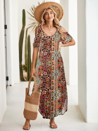 Image of BELAROI Womens Cold Shoulder Maxi Dress Plus Size V Neck Summer Sundresses with Pockets Beach Coverup Vacation Outfits