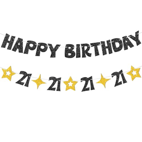 JNXCYQ Black Gold Happy 21st Birthday Banner-21st Birthday Decorations for Him Her Glitter 21st Birthday Decor Sign for Boys Girls Men Women 21 Year Old Birthday Party Decorations Supplies-No DIY