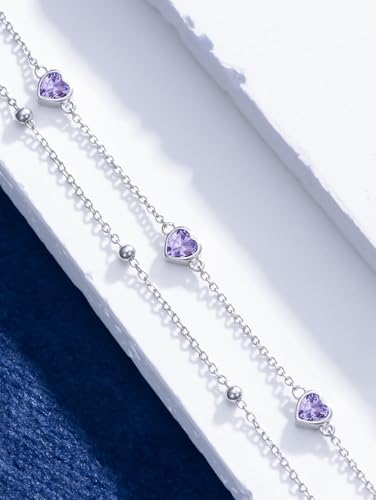 Image of Birthstone Anklet /Bracelets for Women 925 Sterling Silver Charm Link Double Strand Heart Birthstone Jewelry Gift for Wife Women Mother's Day Gift
