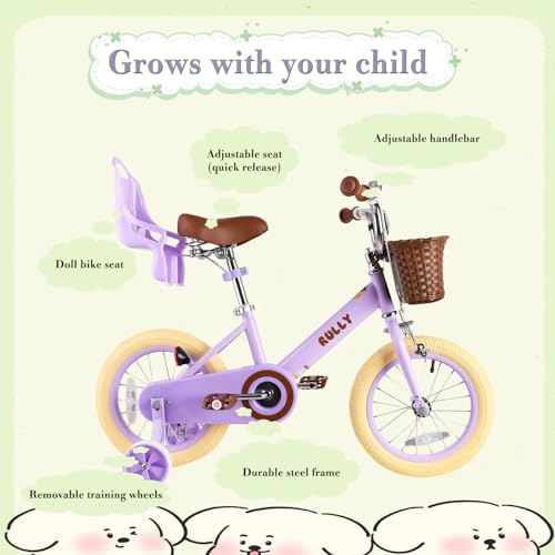 Image of RULLY 12 14 16 Inch Girls Bike with Doll Seat Basket and Training Wheels for 2-6 Years Children