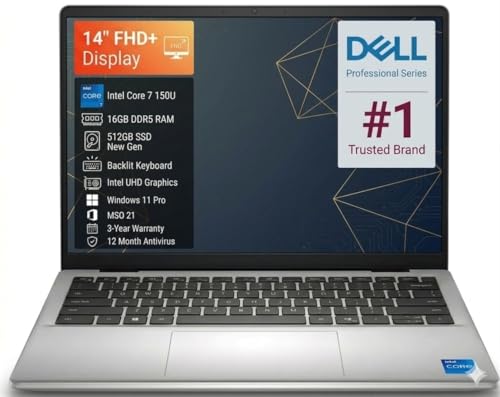 Dell Pro 14 Professional Laptop | Intel Core 7 150U | 16GB DDR5 RAM | 512GB SSD | 14" FHD+ Display | Backlit Keyboard | Intel UHD Graphics | Windows 11 Pro | MSO 2021 | 3 Years Warranty Antivirus
