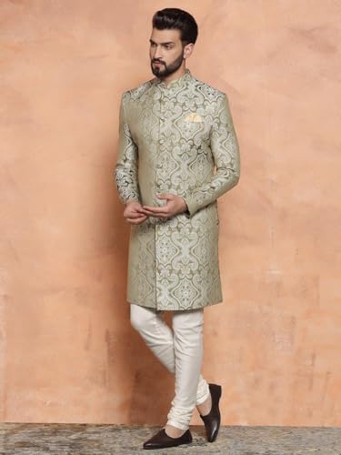 Image of KISAH Men's Ethnic Wear Silk Blend Woven Design Regular Fit Olive Indo-Western Sherwani Set Indo-Western